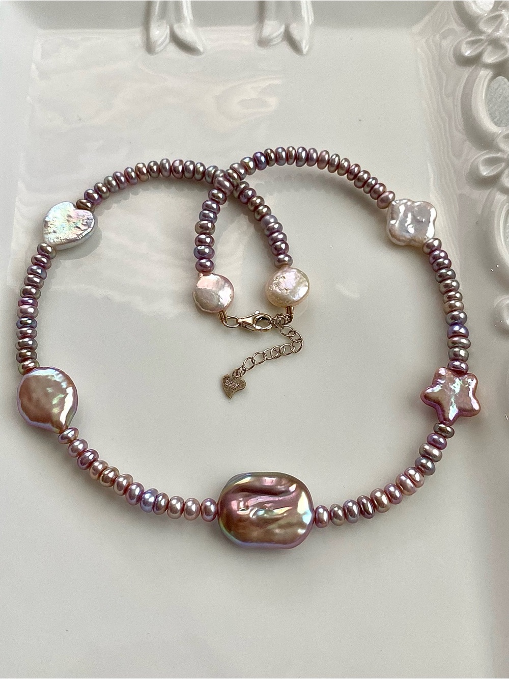 N299-Handmade Metallic Purple Multi Baroque Pearl S925 Necklace